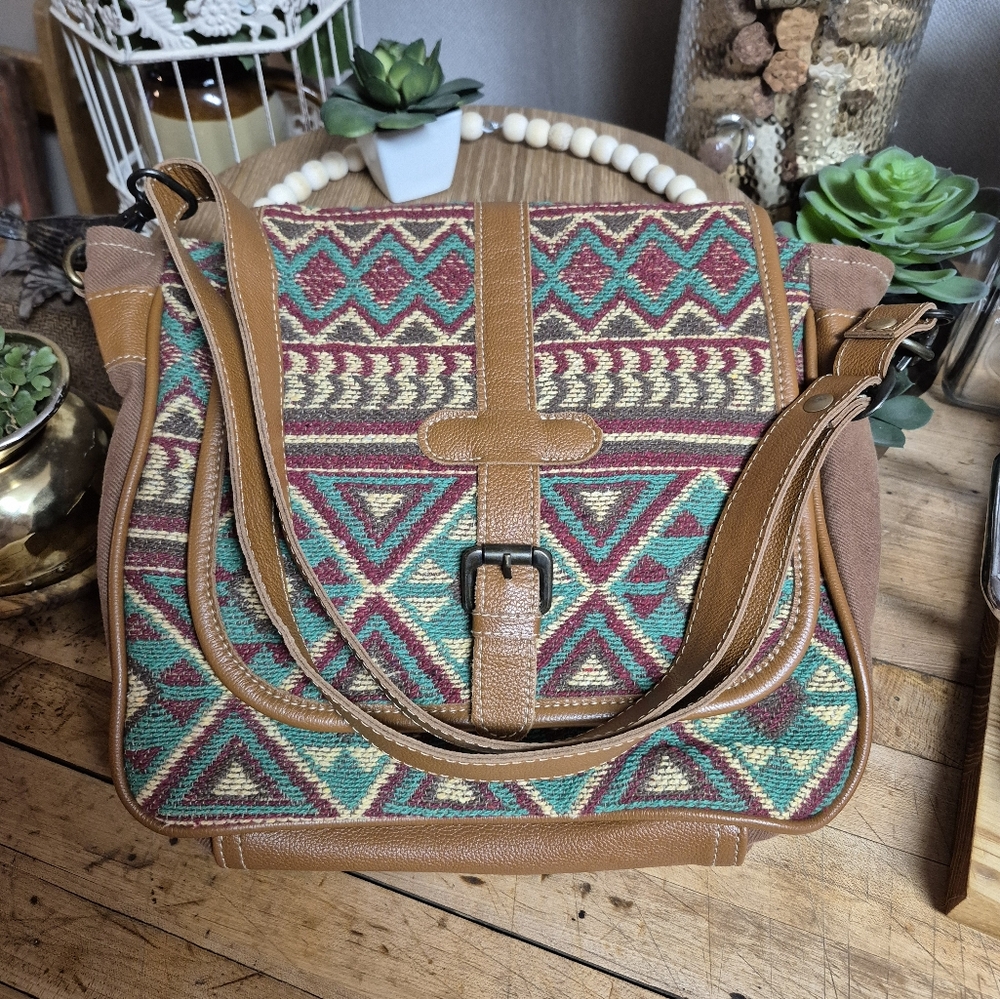 Myra Bag Western Leather Shoulder Canvas Crossbody Electric Ice Turquoise Brown - Picture 7 of 16